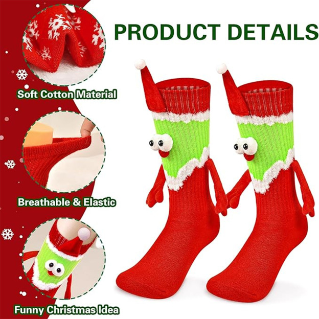 Christmas embroidered magnetic holding hands socks