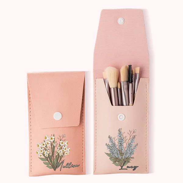 Personalized Birth Flower Bouquet Makeup Brush Bag Portable Travel Cosmetic Organizer with 8 Makeup Brushes Bridal Party Birthday Gift for Her