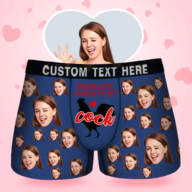 Custom Face Men's Boxer World's Greatest Cock Underwear, Valentine's Day Boxer Gifts for Husband, Waistband Text Boxer Gift