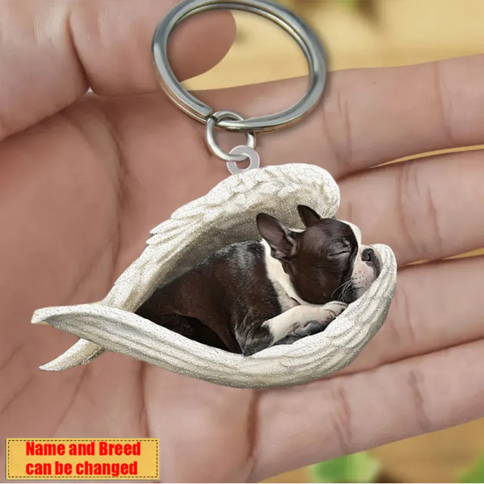 Personalized Stainless Dog Sleeping Angel Keychain - Double Sides Printed