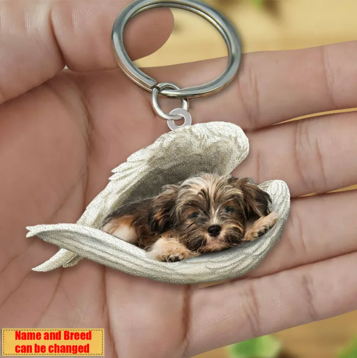 Personalized Stainless Dog Sleeping Angel Keychain - Double Sides Prin