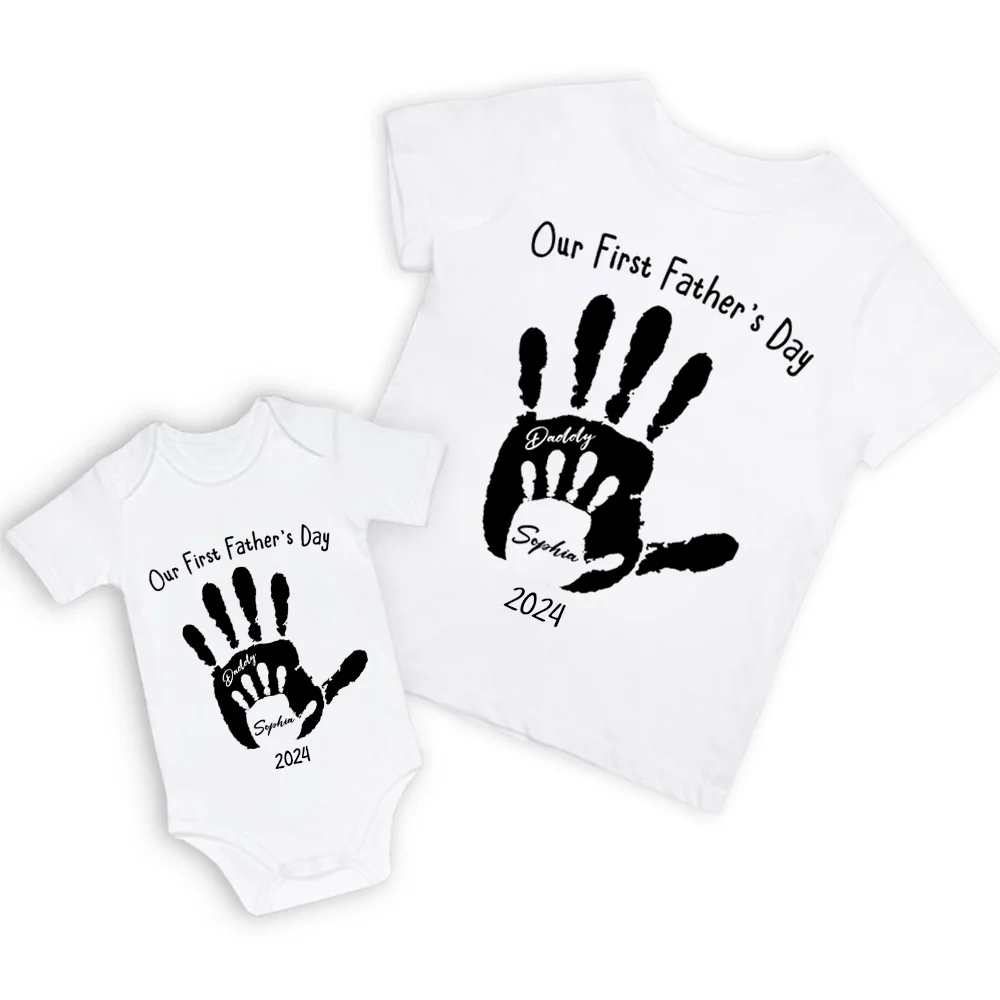 Custom Handprint Parent-Child T-Shirt, Our First Father's Day Together Shirt, Father & Baby Matching Shirt, Father's Day Gift, Gift for New Dad/Baby