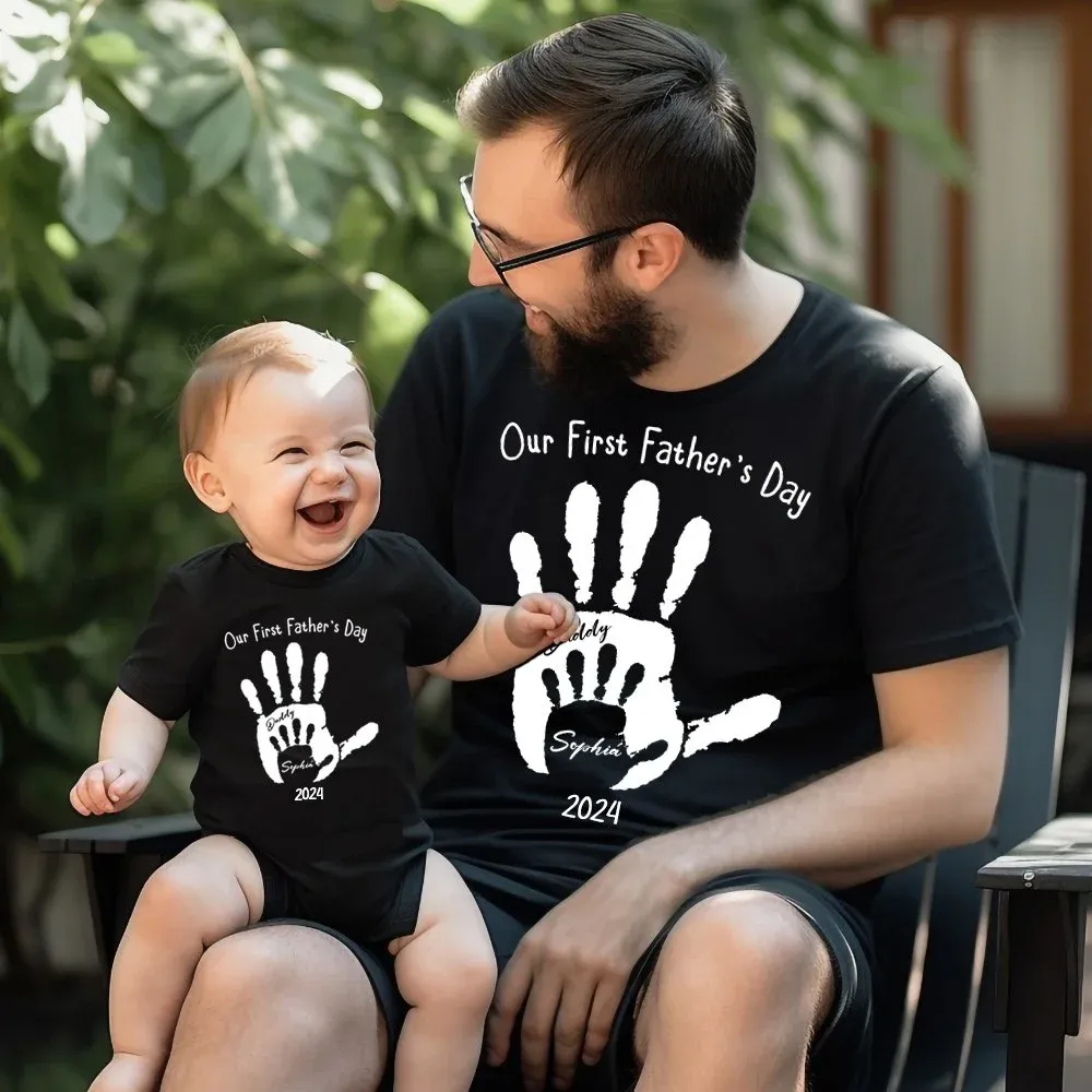 Custom Handprint Parent-Child T-Shirt, Our First Father's Day Together Shirt, Father & Baby Matching Shirt, Father's Day Gift, Gift for New Dad/Baby