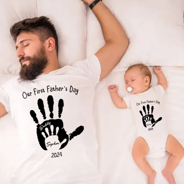 Custom Handprint Parent-Child T-Shirt, Our First Father's Day Together Shirt, Father & Baby Matching Shirt, Father's Day Gift, Gift for New Dad/Baby