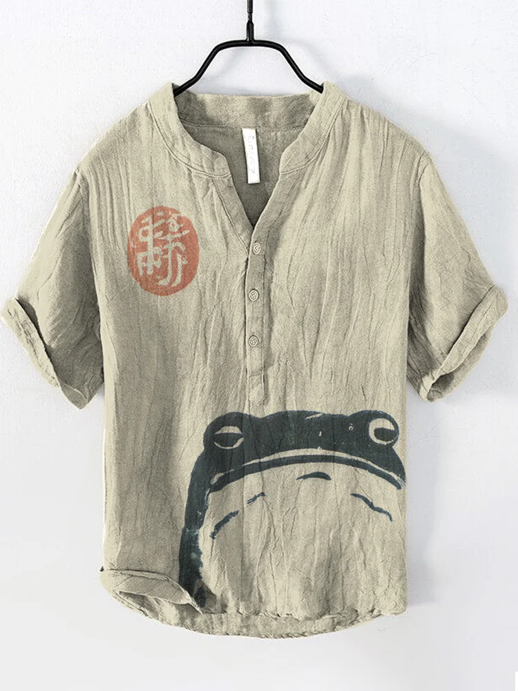 Japanese Art Frog Print Cozy Cotton Linen Shirt