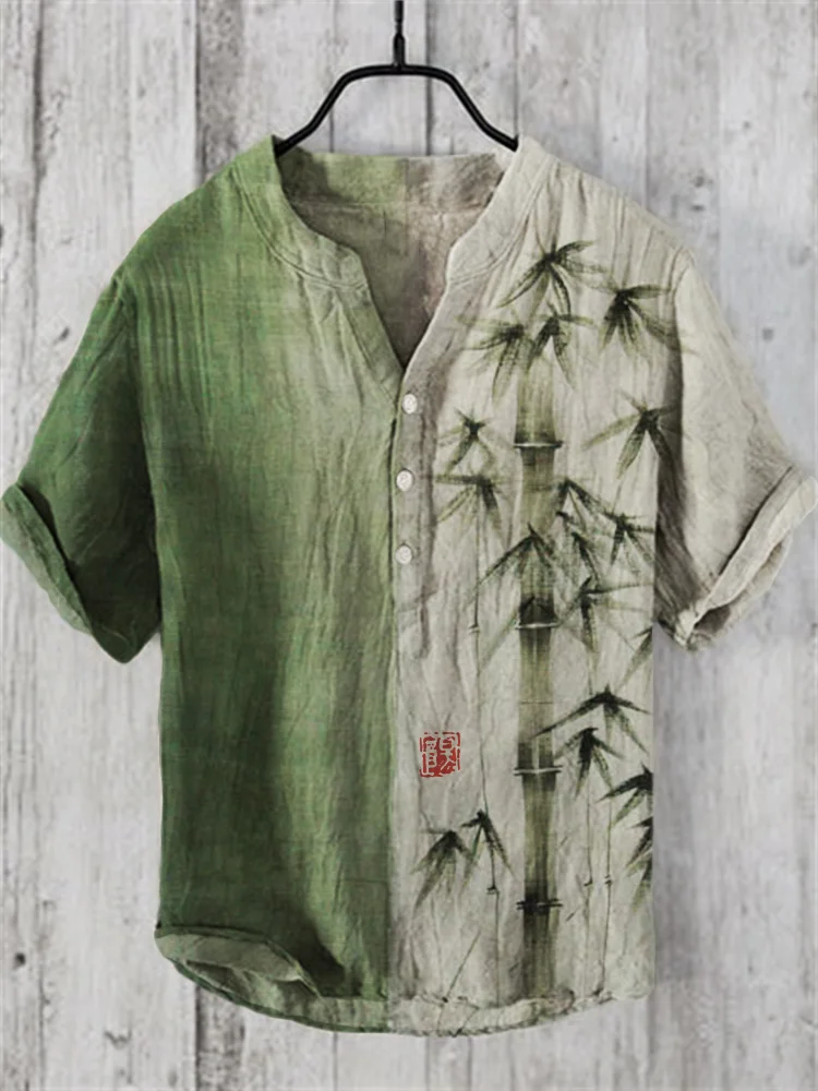 Bamboo Japanese Art Contrast Linen Blend Shirt