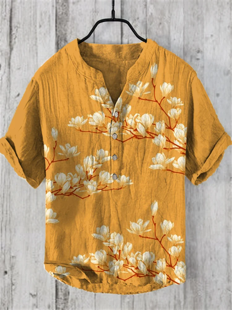 Vintage Japanese Magnolia Flower Casual Linen Blend Shirt