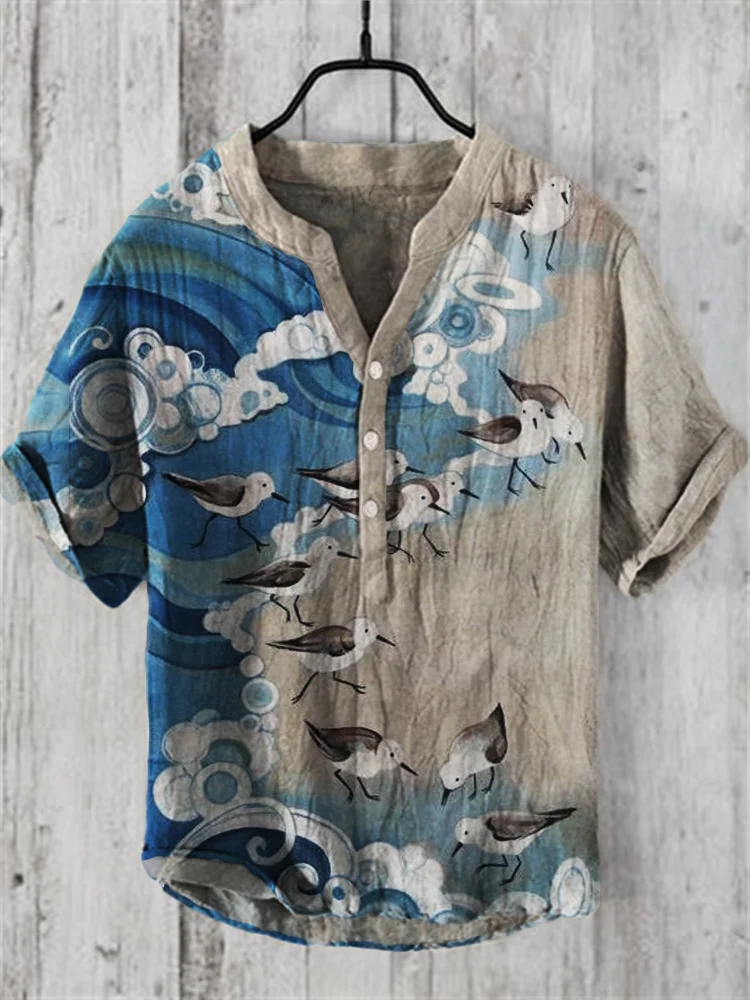 Seagulls Seaside Waves Contrast Linen Blend Shirt