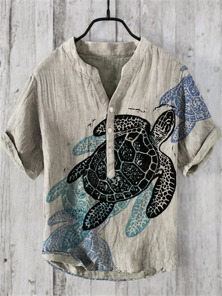 Sea Turtles Japanese Lino Art Linen Blend Shirt