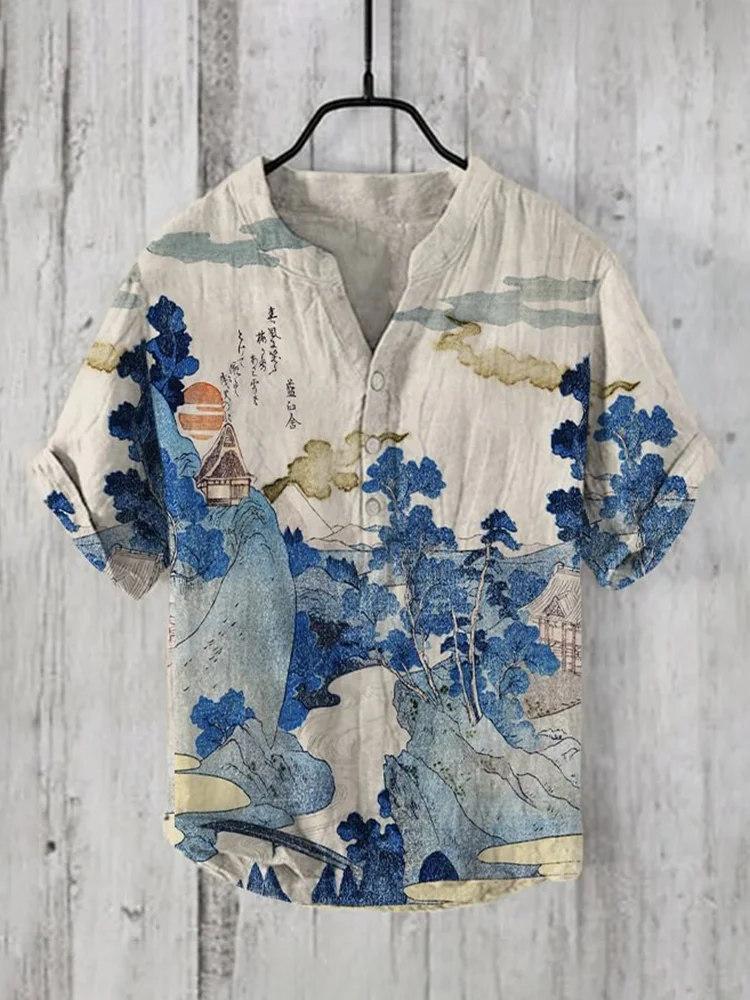 Japanese Landscape Art Print Linen Blend Cozy Shirt