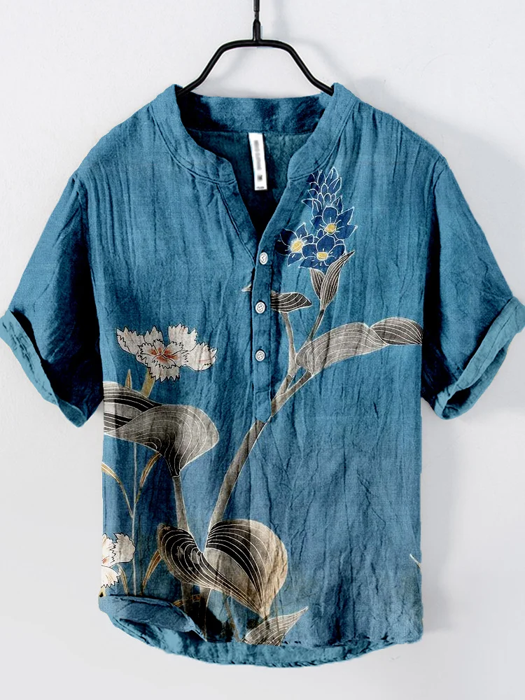 Japanese Flower Art Pattern Linen Blend Shirt