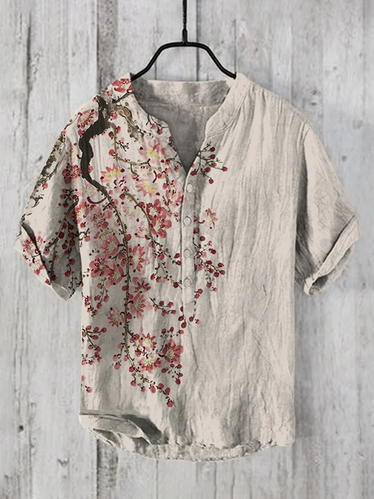Men's Vintage Japanese Art Floral V Neck Casual Linen Blend Shirt