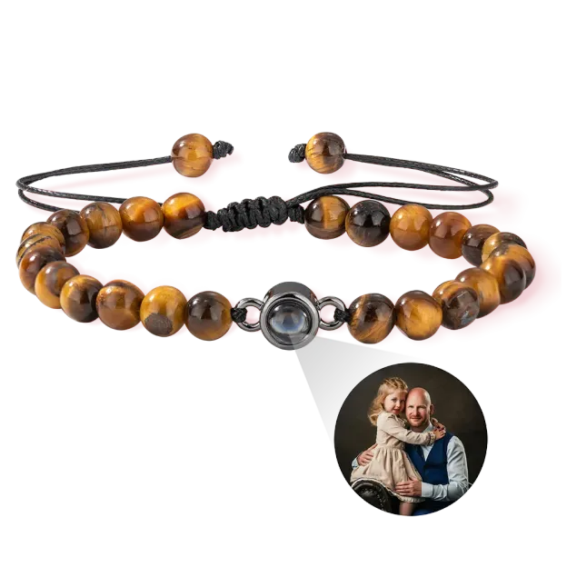 Customized Photo Projection Adjustable Tiger Eye Bracelet, Natural Round Crystal Gem Therapy Bracelet