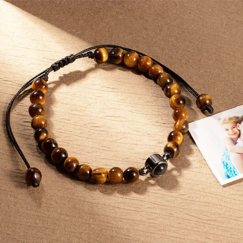 Customized Photo Projection Adjustable Tiger Eye Bracelet, Natural Round Crystal Gem Therapy Bracelet