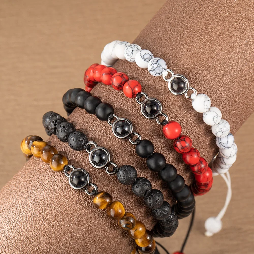 Customized Photo Projection Adjustable Tiger Eye Bracelet, Natural Round Crystal Gem Therapy Bracelet