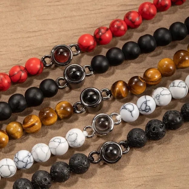 Customized Photo Projection Adjustable Tiger Eye Bracelet, Natural Round Crystal Gem Therapy Bracelet