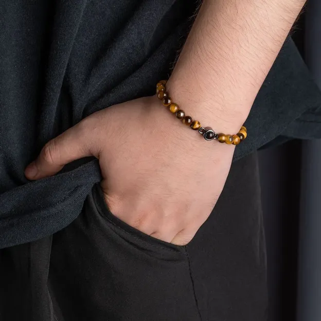 Customized Photo Projection Adjustable Tiger Eye Bracelet, Natural Round Crystal Gem Therapy Bracelet