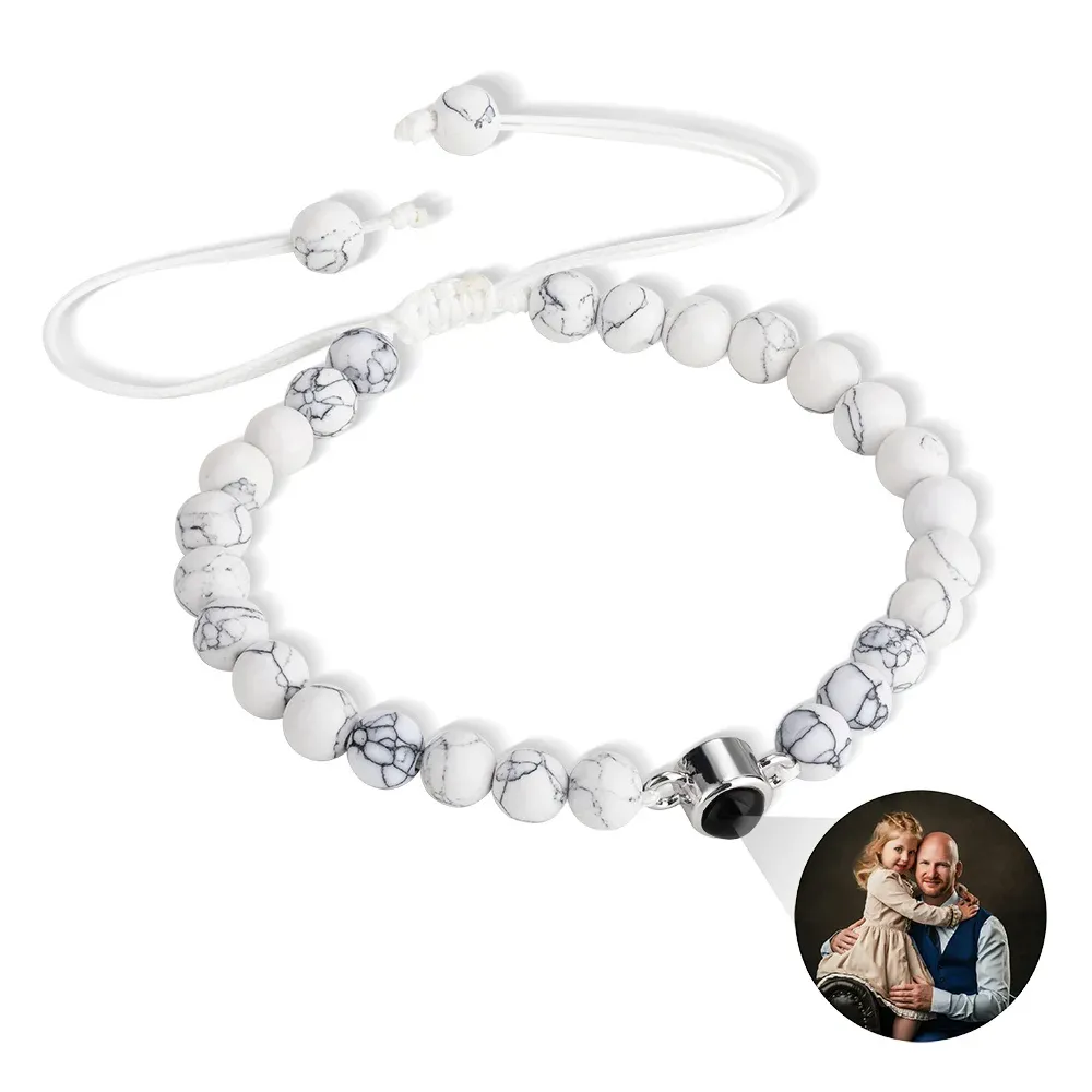 Customized Photo Projection Adjustable Tiger Eye Bracelet, Natural Round Crystal Gem Therapy Bracelet