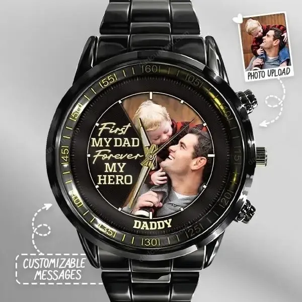 Dad Photo Upload Personalized Metal Watch - Gift for Husband/Dad/Grandpa