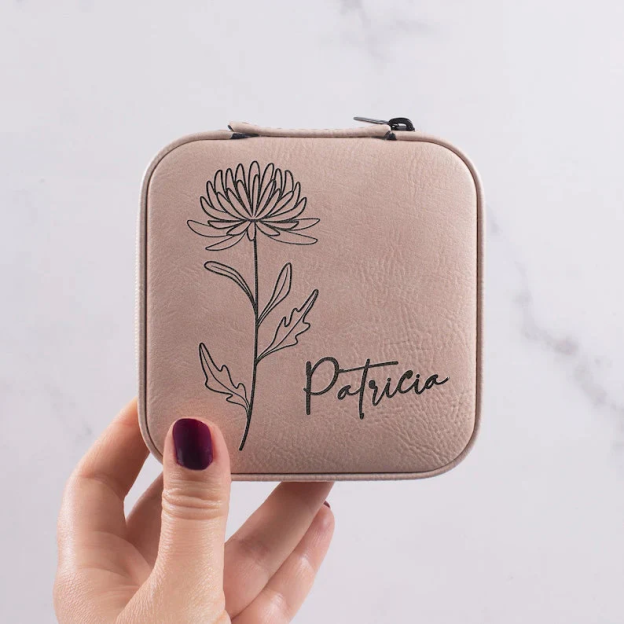 Custom Name Birth Flower Jewelry Travel Case, Vegan Leather Jewelry Organizer Box, Birthday/Mother's Day/Wedding Gift for Mother/Wife/Bridesmaids