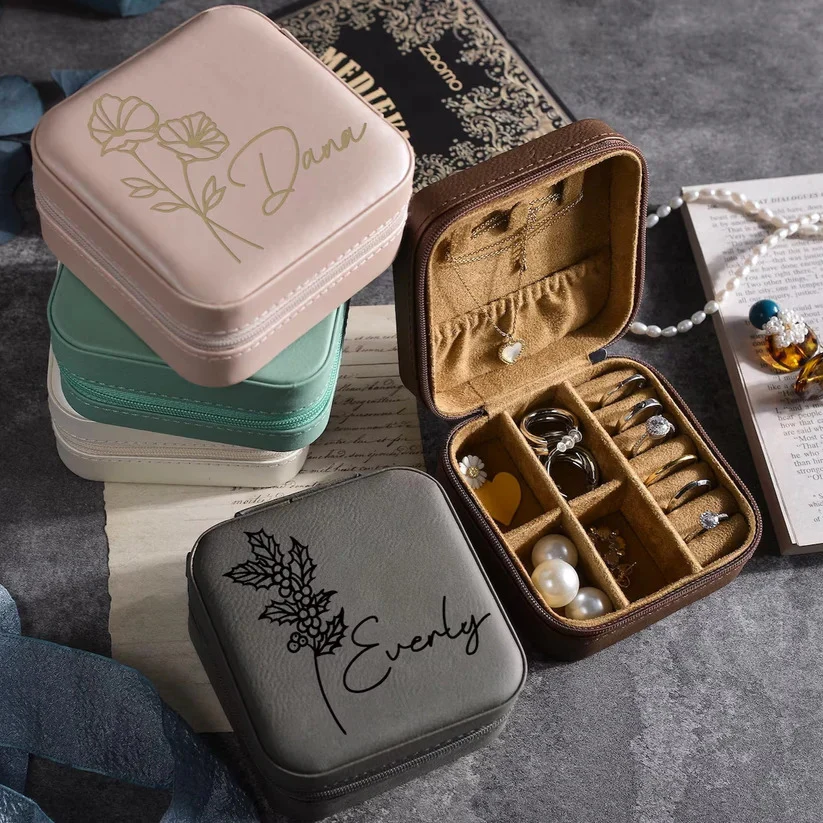 Custom Name Birth Flower Jewelry Travel Case, Vegan Leather Jewelry Organizer Box, Birthday/Mother's Day/Wedding Gift for Mother/Wife/Bridesmaids