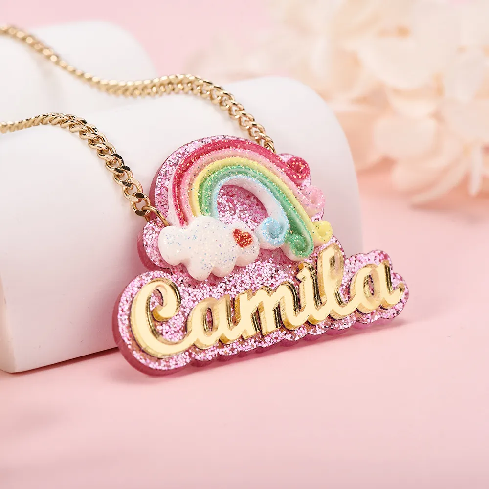 Pink Acrylic Rainbow Pendant Personalized Gold Plated Name Necklace