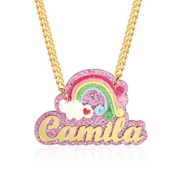 Pink Acrylic Rainbow Pendant Personalized Gold Plated Name Necklace