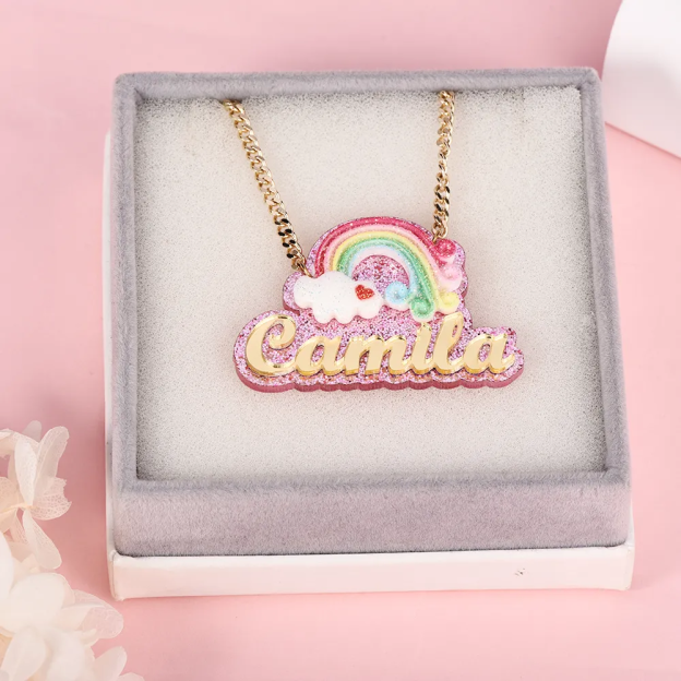 Pink Acrylic Rainbow Pendant Personalized Gold Plated Name Necklace