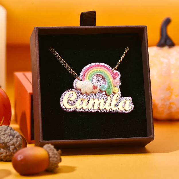 Pink Acrylic Rainbow Pendant Personalized Gold Plated Name Necklace