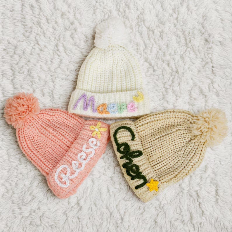 Customized Winter Baby Beanie With Name,Personalize Embroidered Baby Hat With Pom,Knitted Toddler Beanies,Christmas Gift For Baby,Baby Gift
