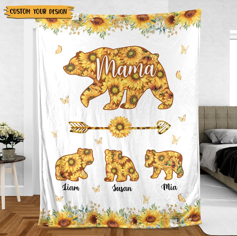 Personalized Mom Blanket - Mama Bear Sunflower - Gift For Mother's Day