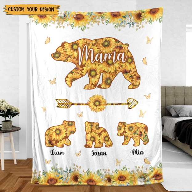 Personalized Mom Blanket - Mama Bear Sunflower - Gift For Mother's Day