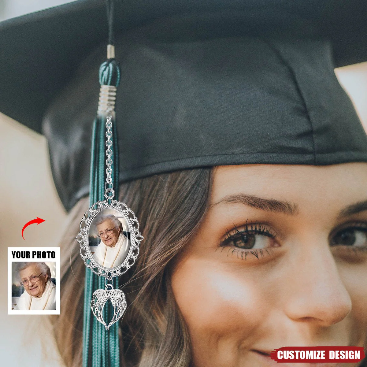 Personalised Graduation Tassel Photo Charm with Angel Wings