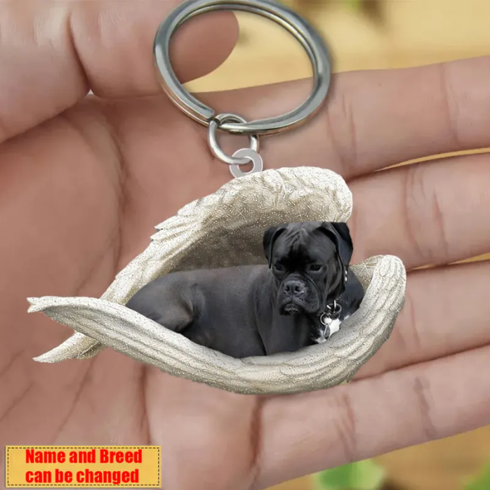 Personalized Stainless Dog Sleeping Angel Keychain - Double Sides Printed