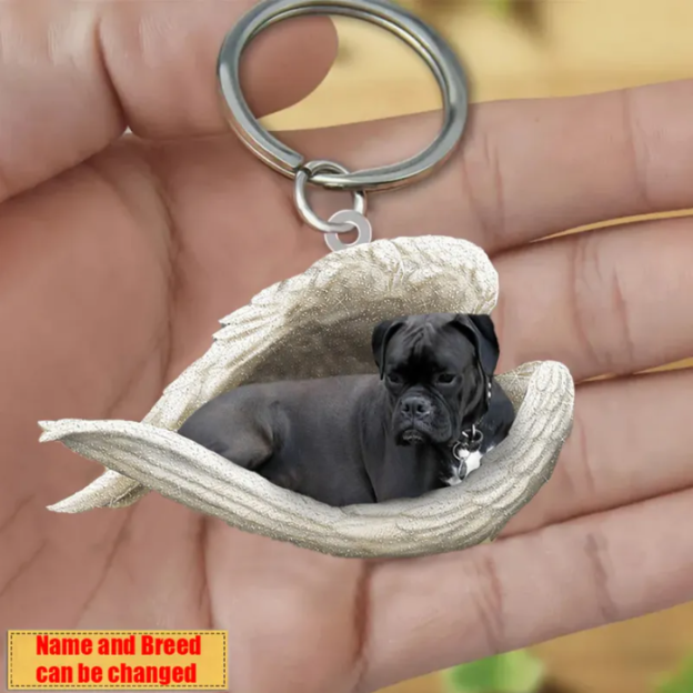 Personalized Stainless Dog Sleeping Angel Keychain - Double Sides Printed