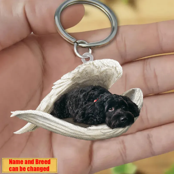 Personalized Stainless Dog Sleeping Angel Keychain - Double Sides Printed
