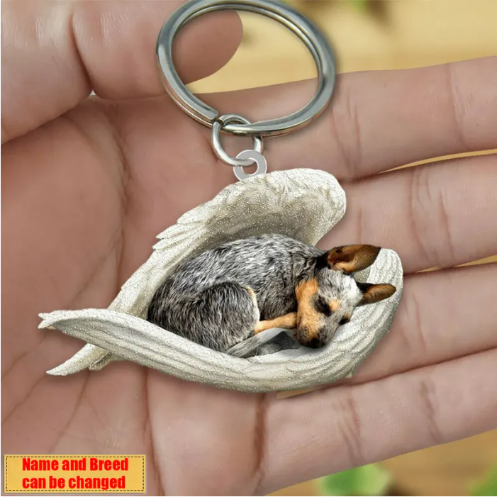 Personalized Stainless Dog Sleeping Angel Keychain - Double Sides Prin