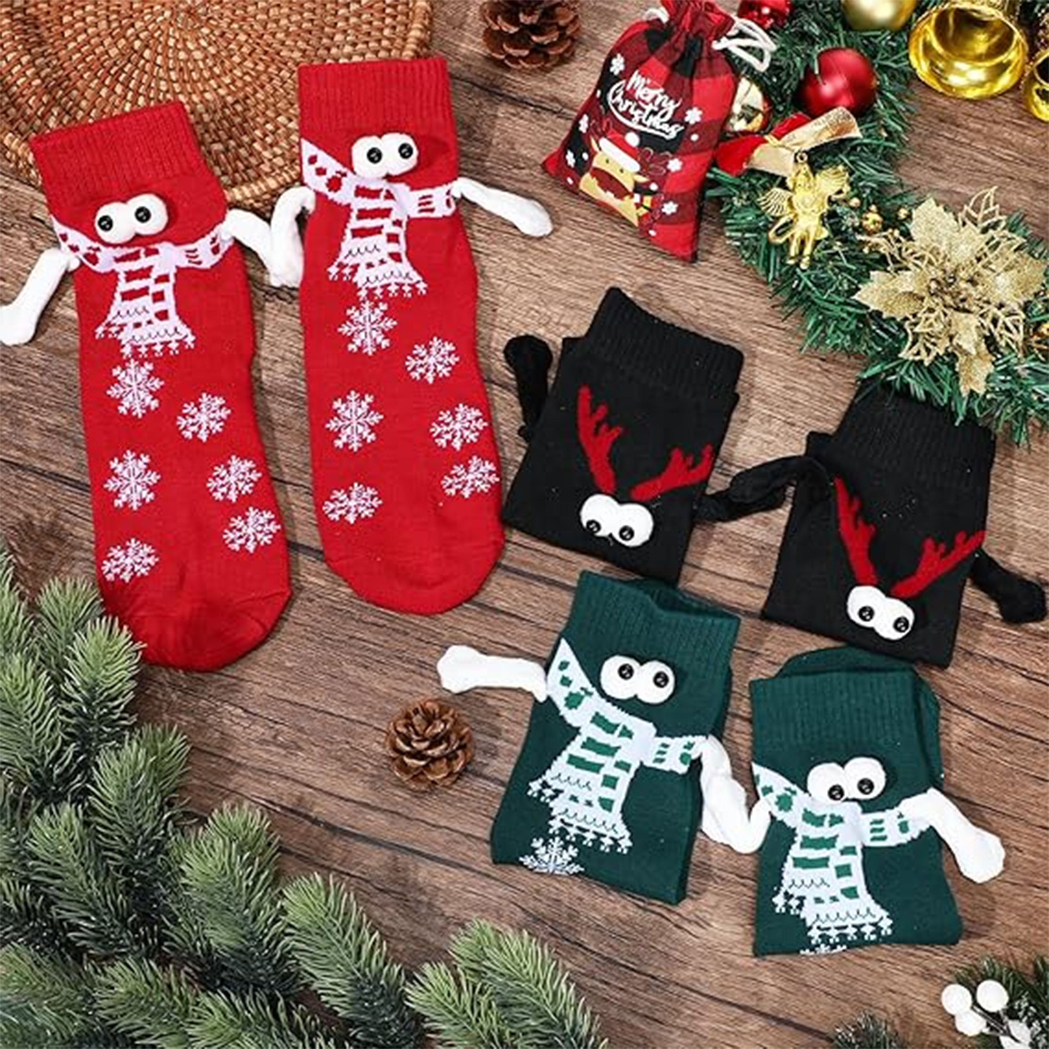 Christmas embroidered magnetic holding hands socks