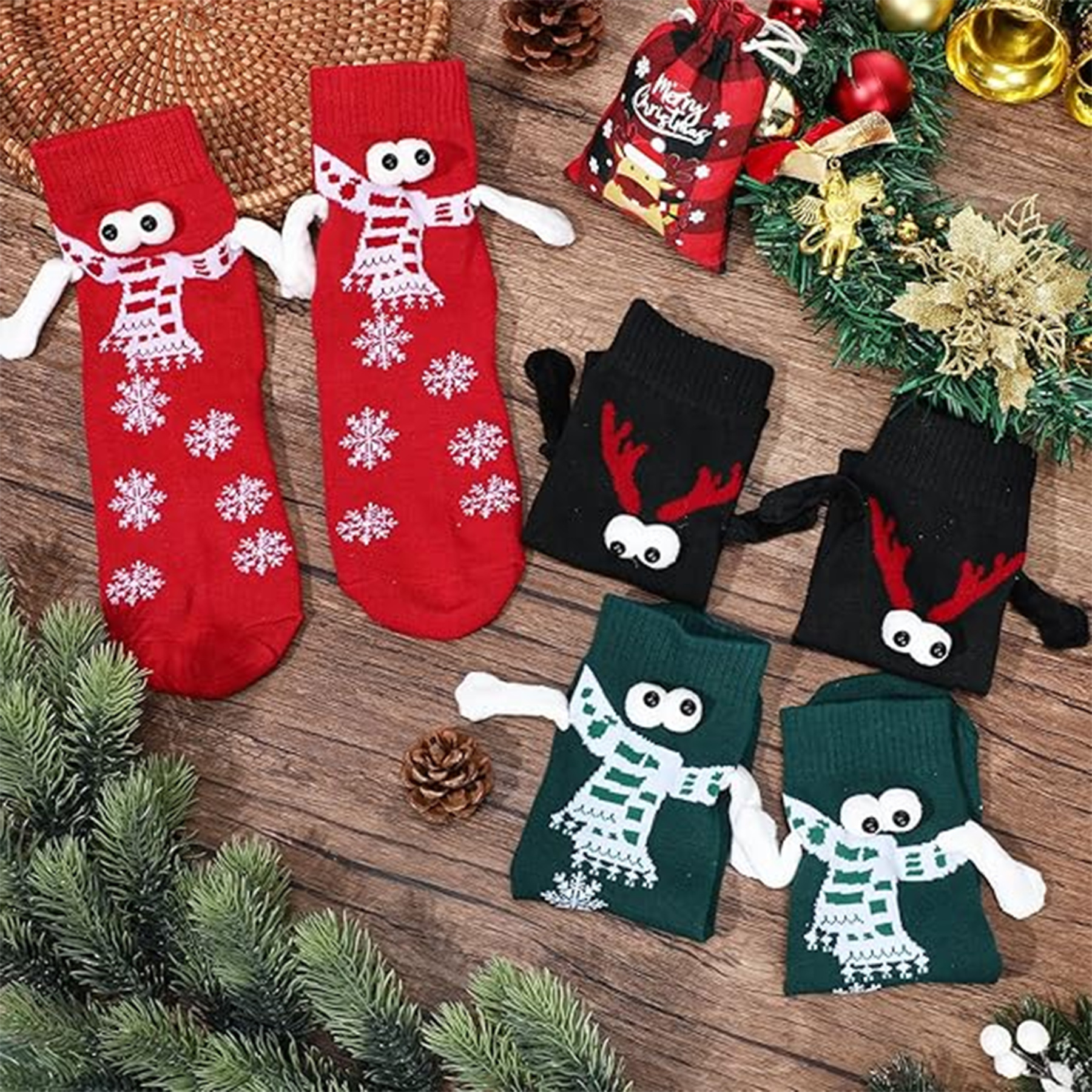 Christmas embroidered magnetic holding hands socks
