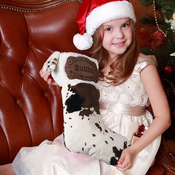 Personalized Western Cowboy Cow Print Fleece Christmas Stocking with Name Leather Patch Fireplace Tree Hanging Festival Decor Gift for Family Kids