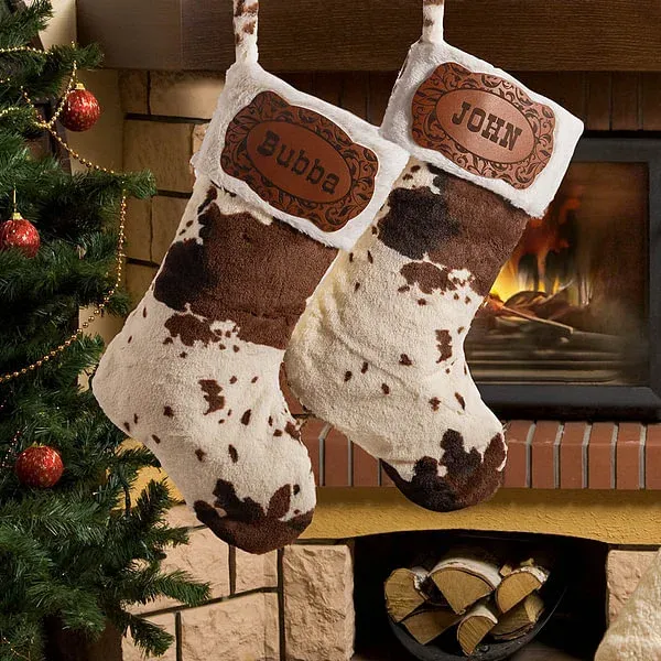 Personalized Western Cowboy Cow Print Fleece Christmas Stocking with Name Leather Patch Fireplace Tree Hanging Festival Decor Gift for Family Kids