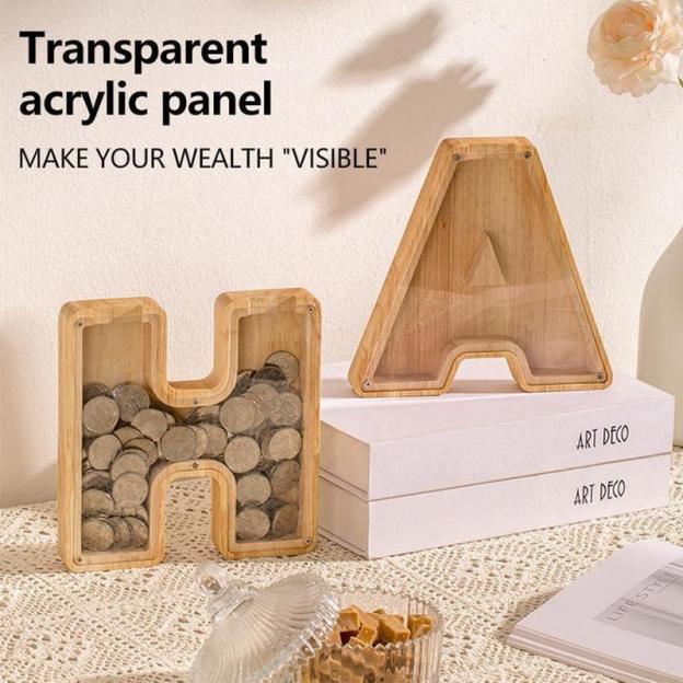 1Pc Wooden Letter Piggy Bank,Coins Jar, HomeDesktop Crafts Orament Decor