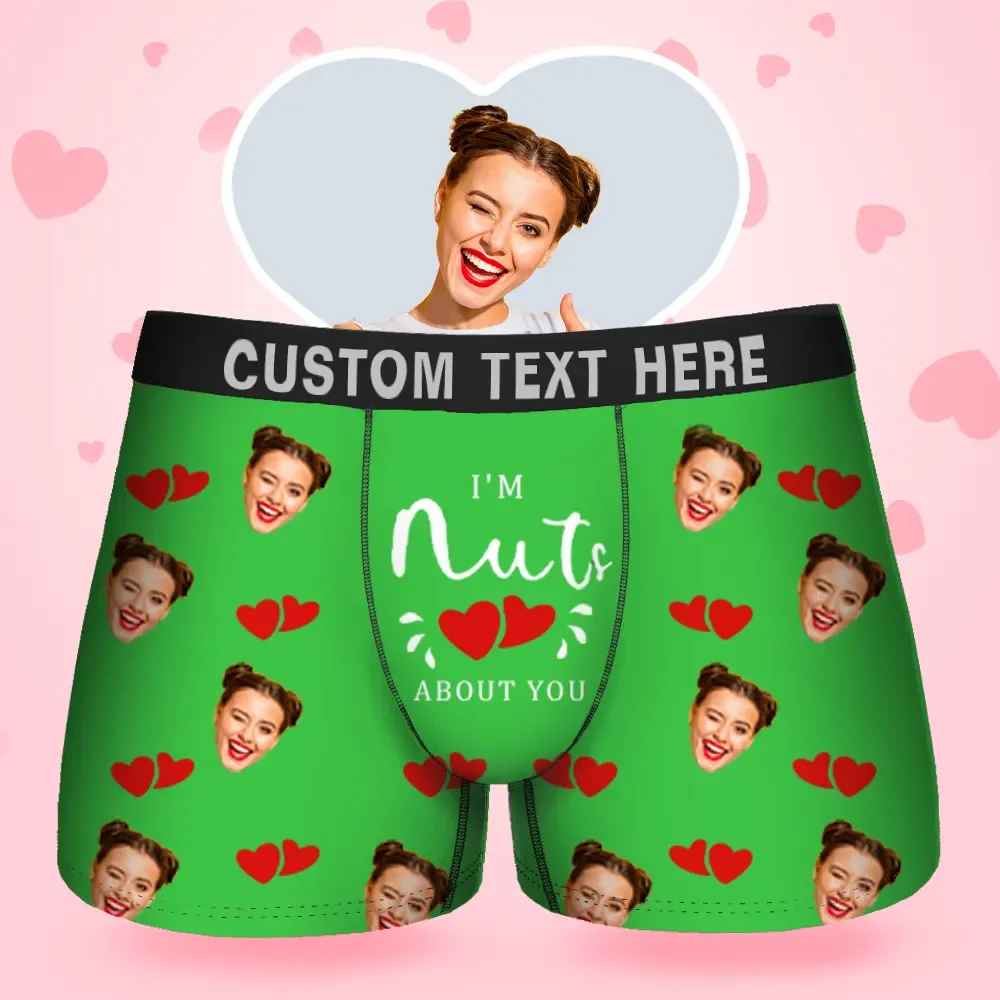 Custom Face Men's Boxer I'M Nuts About You Style Underwear, Birthday Gifts for Husband, Waistband Text Boxer Gift
