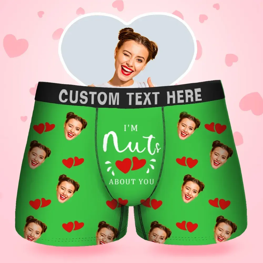 Custom Face Men's Boxer I'M Nuts About You Style Underwear, Birthday Gifts for Husband, Waistband Text Boxer Gift
