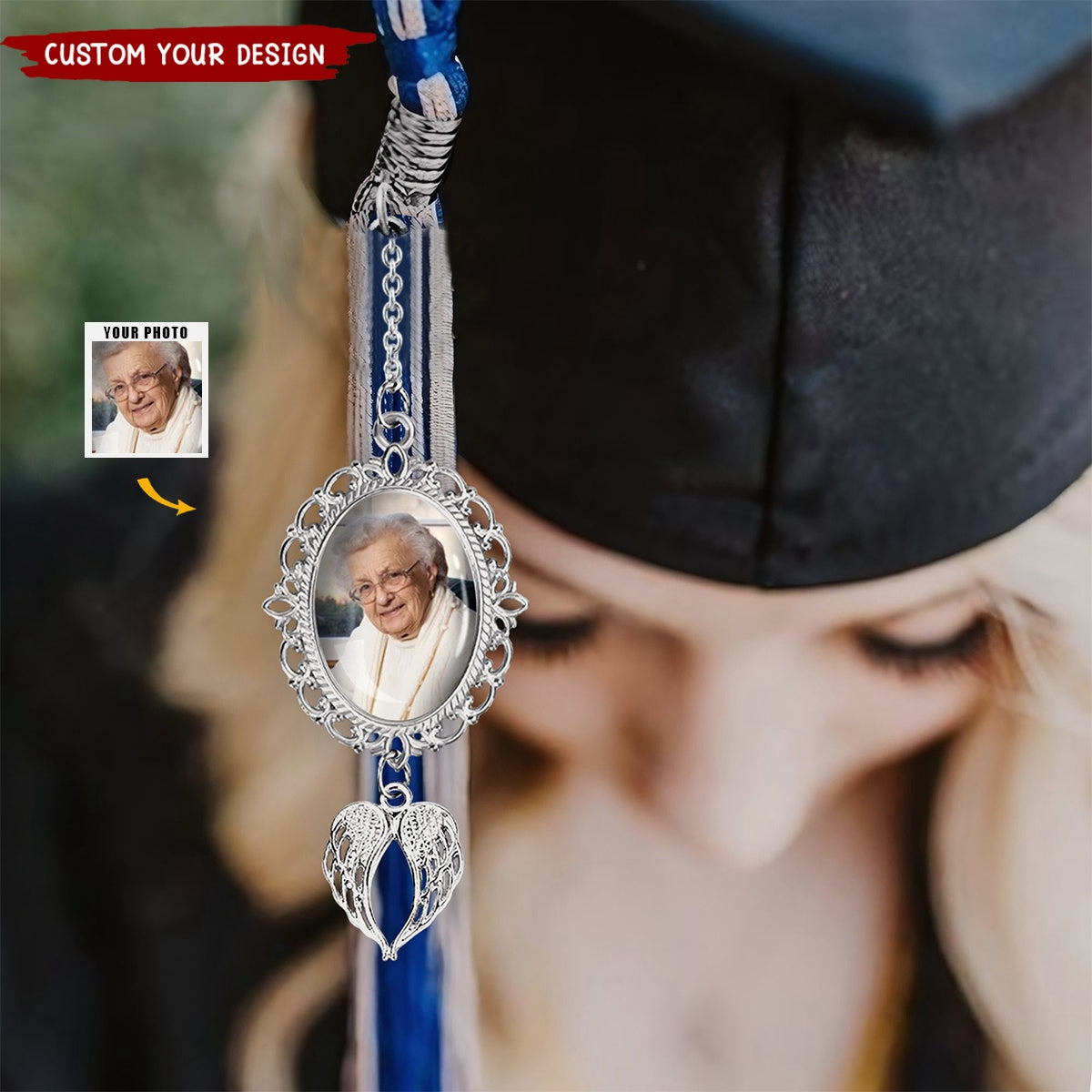 Personalised Graduation Tassel Photo Charm with Angel Wings
