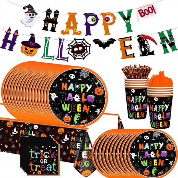 92-piece Halloween-themed tableware set