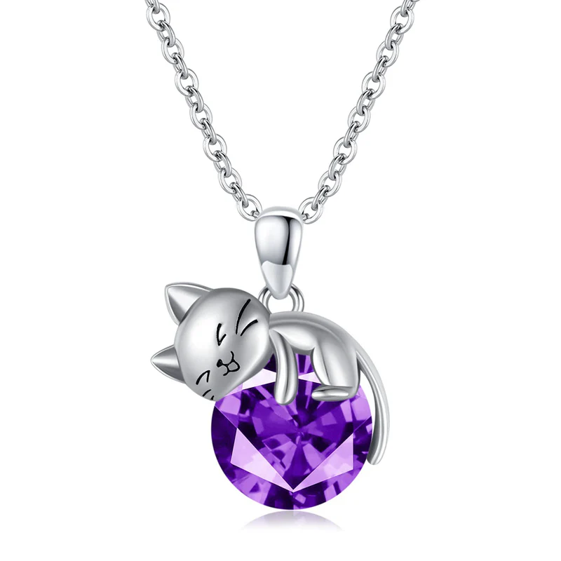 Cat pendant necklace with birthstone, gift for women, daughter and mother