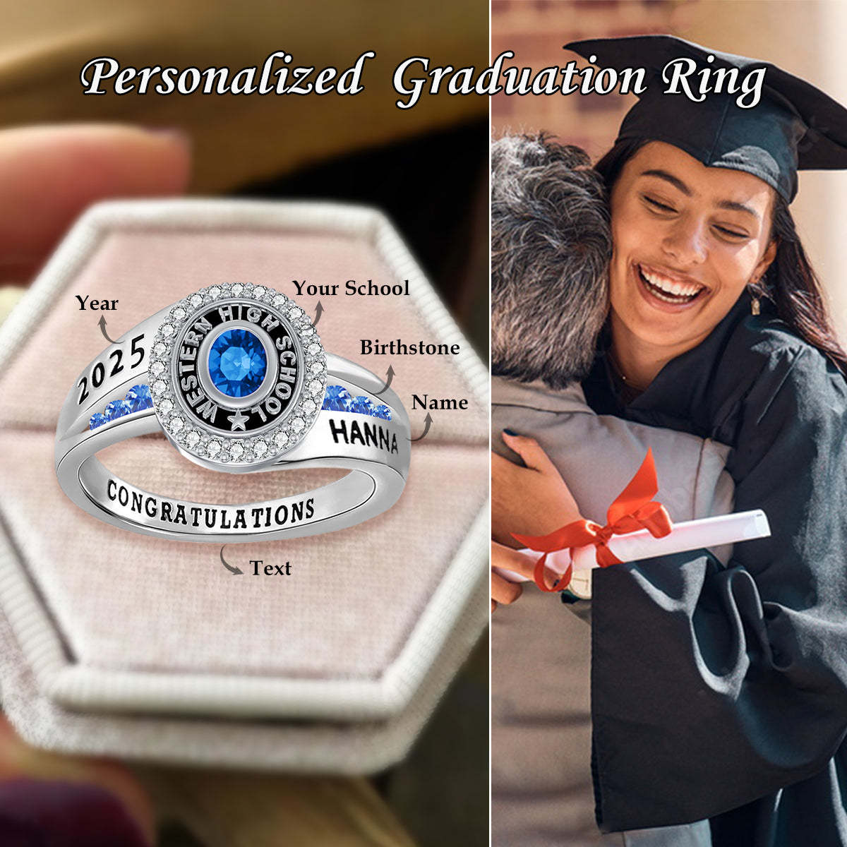 Customized graduation rings with birthstones for graduates