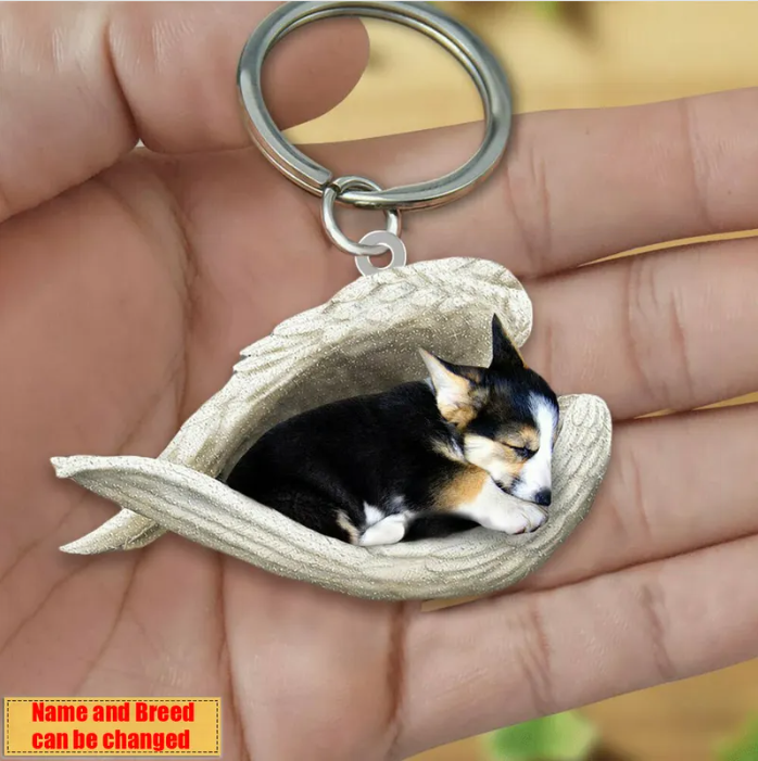 Personalized Stainless Dog Sleeping Angel Keychain - Double Sides Prin