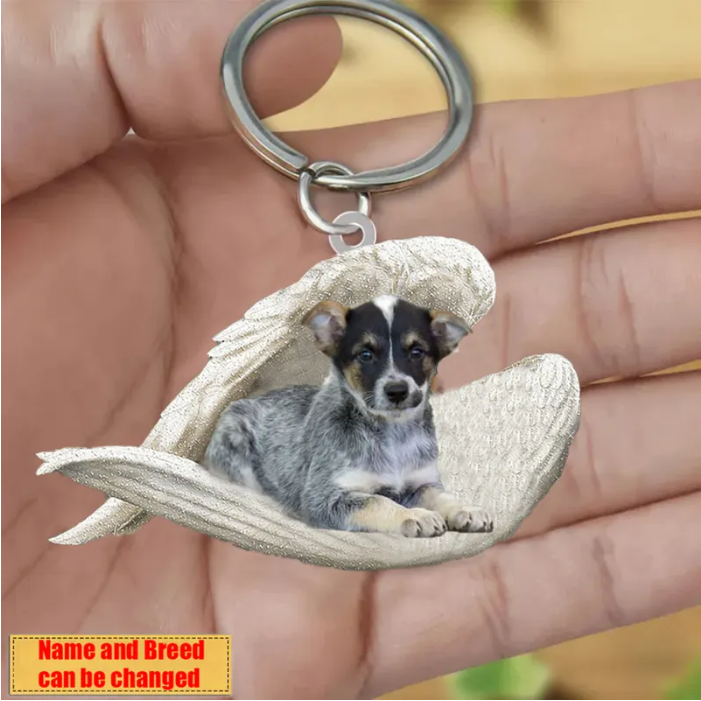 Personalized Stainless Dog Sleeping Angel Keychain - Double Sides Prin